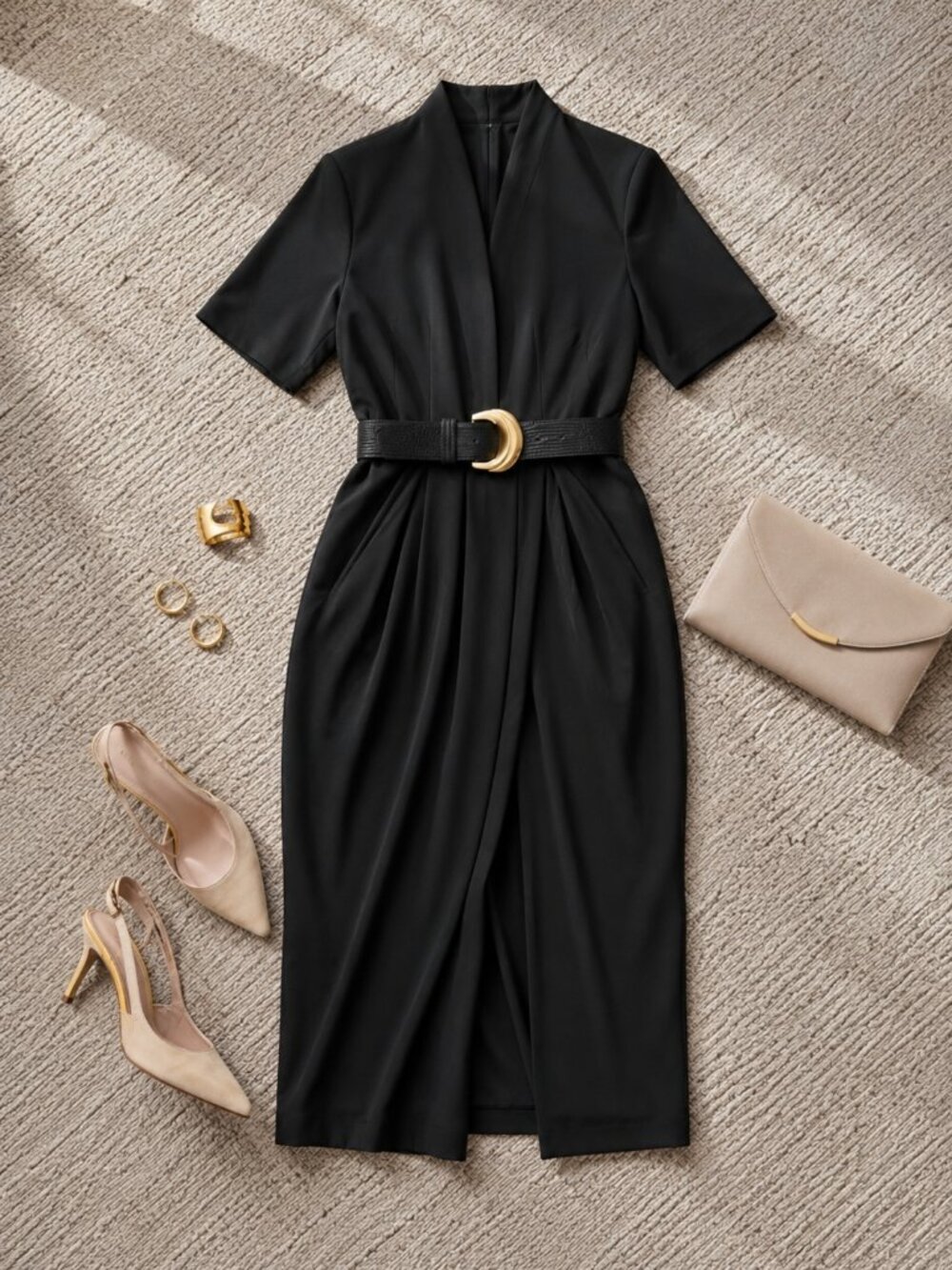 Donna Karan Black V-Neck Belted Short-Sleeve Midi Dress Size 6 NWT - Picture 3 of 6
